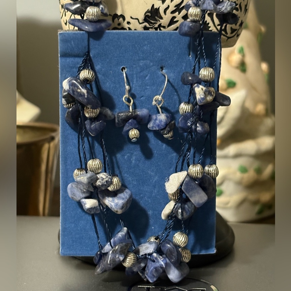 Avon Blue and White Bead Multi-Strand Sodalite Necklace Gift Set NIB